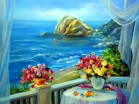 View of the coast - pretty, coast, blue, shoreline, landscape, terrace, bouquets, leaves, flowers, shore, porch, view, nice, art, house, water, beautiful, sea, table, lovely, still life, petals, vases, painting, waves, rocks