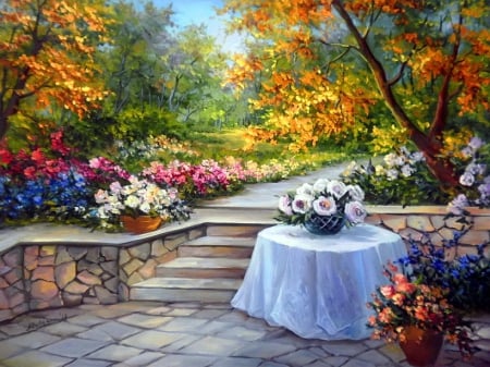 Floral paradise - nice, beauty, trees, fragrance, paradise, bouquet, painting, art, pretty, petals, table, scent, garden, harmony, park, summer, lovely, vase, floral, beautiful, leaves, flowers