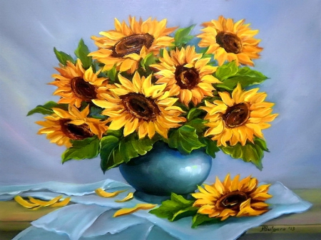 Still life with sunflowers - pretty, sunflowers, yellow, room, leaves, flowers, elegance, nice, art, veil, vase, beautiful, lovely, still life, petals, bouquet, harmony, painting