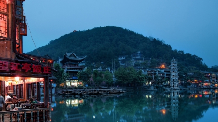 riverside restaurant in china - restaurant, town, mountain, river, dusk