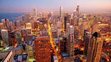 spectacular view of chicago at dusk - lights, skyscrapers, lake, dusk, city