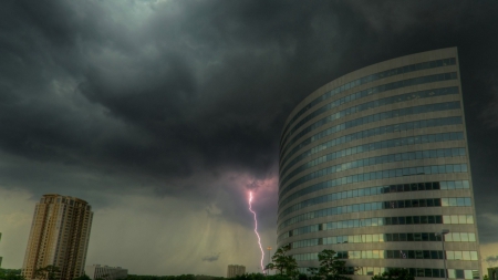 lightning near a modern building  - storm, clouds, modern, lightning, building