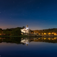 lovely church on lakeside in evening