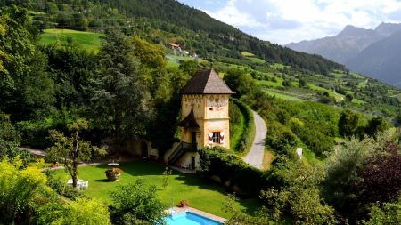 wonderful house on a mountainside  in summer - trees, mounatins, summer, house, pool