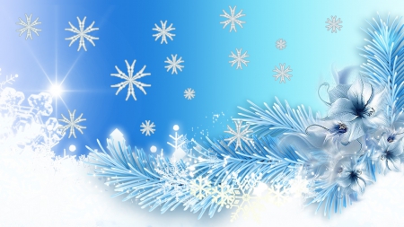 Winter Blue Flowers - winter, snowflakes, blue, snow, fir, flowers, ice, spruce, pine, Christmas, shine