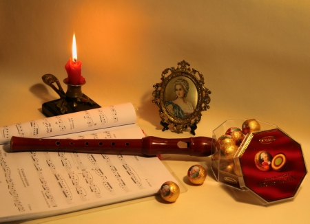 The magic flute Mozart - candy, flute, candle, pic, music