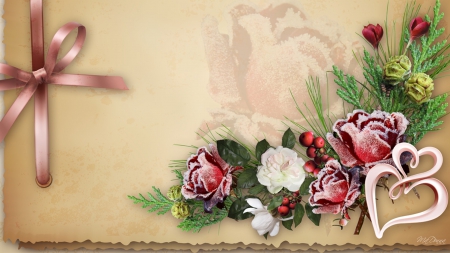 Be My Valentine - red rose, snow, cedar, cones, vintage, Valentines Day, ribbon, frost, bow, parchment paper, hearts