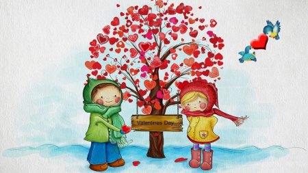 Childrens Valentine - love, winter, child, hearts, romantic, children, snow, valentines day, tree, cute, birds