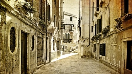 beautiful old town alley - alley, town, sunshine, photo, mochrome