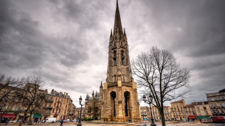 panorama of a church on a paris street - street, overcast, panorama, church, cit