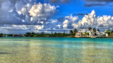 gorgeous mansion on a lagoon hdr - clouds, laggon, lighthouse, mansion, boat, hdr, bridge