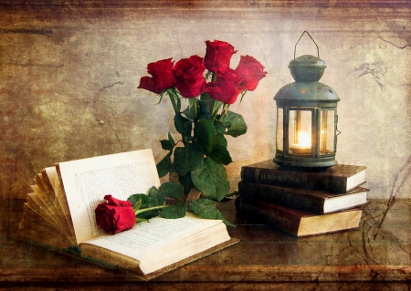 Romatic with realism - nice, style, roses, beauiful, books, flowers, colors