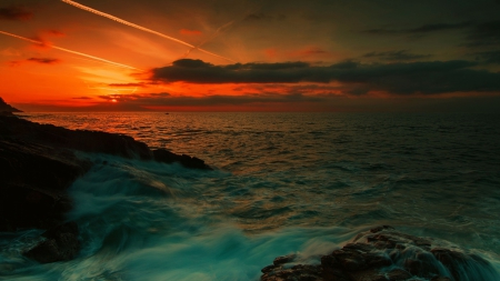 red sunset over a green sea - red, rocks, sunset, sea, shore, green