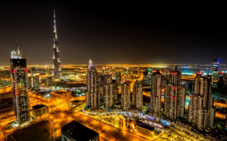 fabulous cityscape of dubai at night hdr - night, city, streets, hdr, scape, skyscrapers, lights