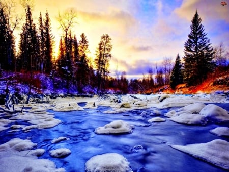 Forest River - clouds, trees, winter, sunset, water, snow, sky