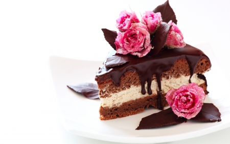 Cake - roses, cream, desserts, chocolate, sweets, cake bit, sweet, Rose, baking, -cakes, dessert, cake, glaze, sugar