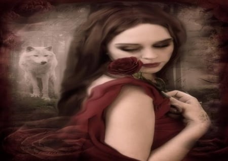 Without fear - wolf, lady, rose, pink, life