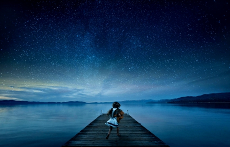 Blue Night - water, blue night, blue, splendor, girl, nights, stars, child, pier, nature, lake