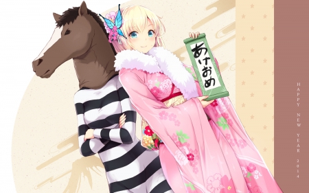 Sena - horse, kawaii, mask, anime, anime girl, sena, butterfly, cait, kimono