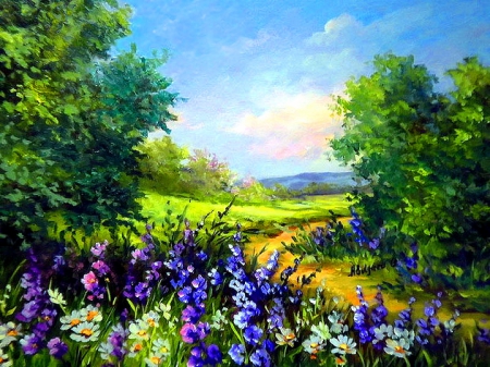 Spring flowers - nice, freshness, trees, greenery, field, spring, lovly, painting, art, meaow, pretty, beautiful, flowers, grass