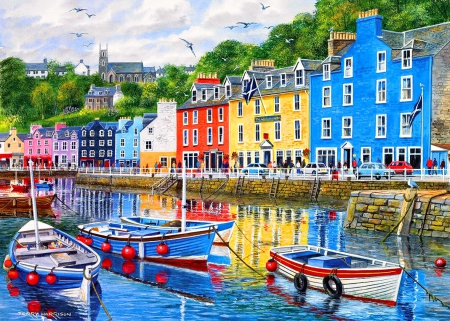 Padstow harbour - water, town, beautiful, harbour, dock, reflection, pier, boats, colorful, painting, port, lake, peaceful, art