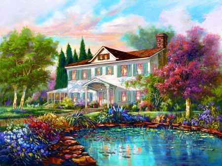 Ornamental pond - cottage, places, trees, peaceful, countryside, creative pre-made, spring, painting, art, rural, reflection, architecture, paintings, house, ornaments, pond, attractions in dreams, houses, lake, ornamental pond, gardens, nature, love four seasons, beautiful, splendor, colors, flowers