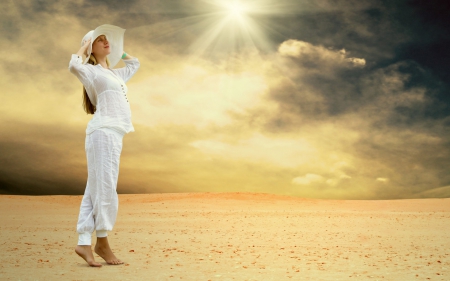 Girl - hat, smile, beams, cloud, girl, blonde, sand, sun