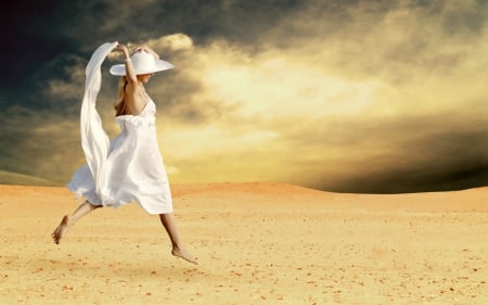 ♚ - hat, fabric, cloud, girl, blonde, jump, sand