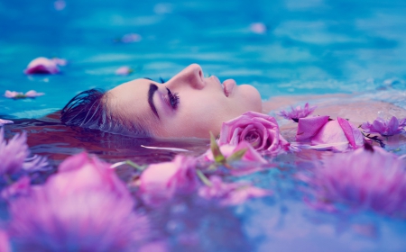 A relaxing bath of roses - roses, water, relaxing bath, woman, pink roses, beauty, Brooke Leigh Josa