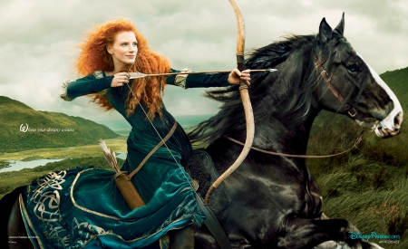 Archer - female, beautiful, photography, girl, horse, fantasy, redhead, costume, digital, woman, jessica chastain, disney