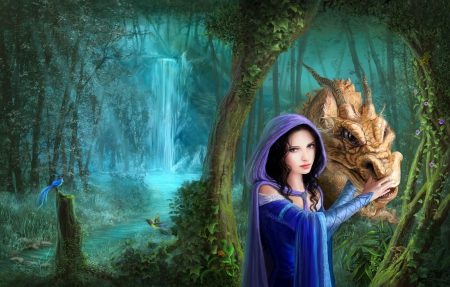 Dragon Girl - beautiful, serene, girl, forest, cg, fantasy, dragon, digital, woman, art