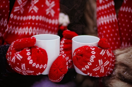 Tea Time - with love, love, cold, cups, red, tea, tea time, gloves