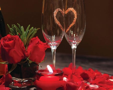 Romantic Valentines - candle, glasses, roses, heart, valentine, still life, valentines, romantic, petals, valentines day