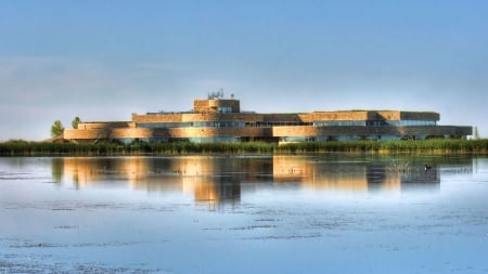 duck pond by a sleek office building hdr - pond, modern, hdr, reflection, ducks, building