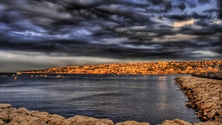 city on a bay hdr - clouds, cty, bay, pier, stone, hdr