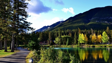 beautiful nature park - lake, forest, road, lodge, mountain