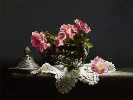 Still Life - blossoms, tableware, flowers, vase, arrangement