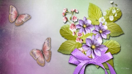 Clematis and Roses - roses, summer, bouquet, spring, bow, leaves, clematis, flowers, ribbon, butterflies, lavender