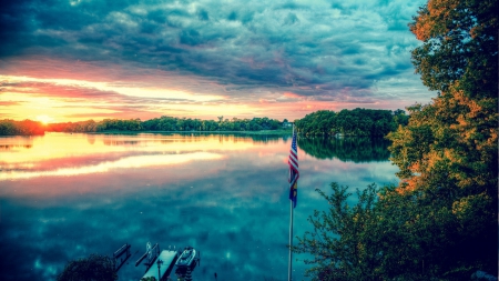 flag pole on a dock in a beautiful lake hdr - lake, flag, green, hdr, docks, sunrise