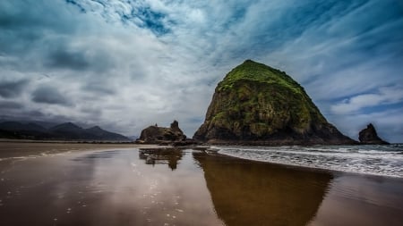 massive rocks on a shiny beach - moss, rocks, clouds, beach, shiny, sea