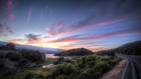 road through wonderful nature at sunrise hdr - lake, fog, hdr, road, sunrise, bushes