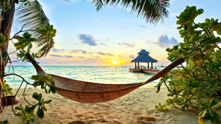 hammock on a beach in paradise at sunset hdr - beach, trees, hammock, hdr, sunset, sea, groto