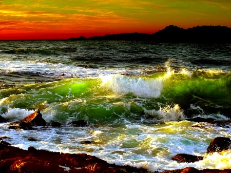 EVENING WAVES - beach, sunset, sea, waves