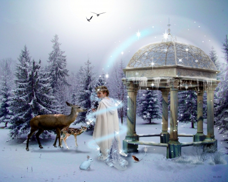 Winter in Fairyland - trees, gazebo, deer, snow, forest