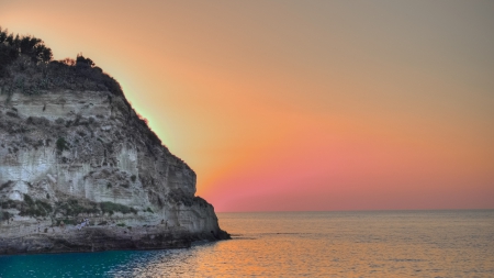 pink sunset - sunset, sea, pink, cliff