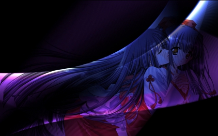 Behind The Darkness - priestesses, girls, purple, anime, darkness, blade