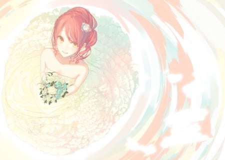 ~Blithe~ - yellow eyes, bride, red hair, wedding dress, wedding bouquet, beautiful, anime, flowers, happy