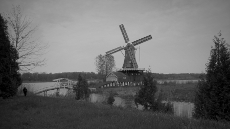 Windmill and photographer - canada, ontario, windmills, monochrome