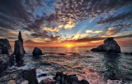 Beautiful sunset - nature, sky, ocean, clouds, sunset, rocks