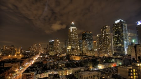 new york city on a cloudy night - streets, lights, clouds, city, night